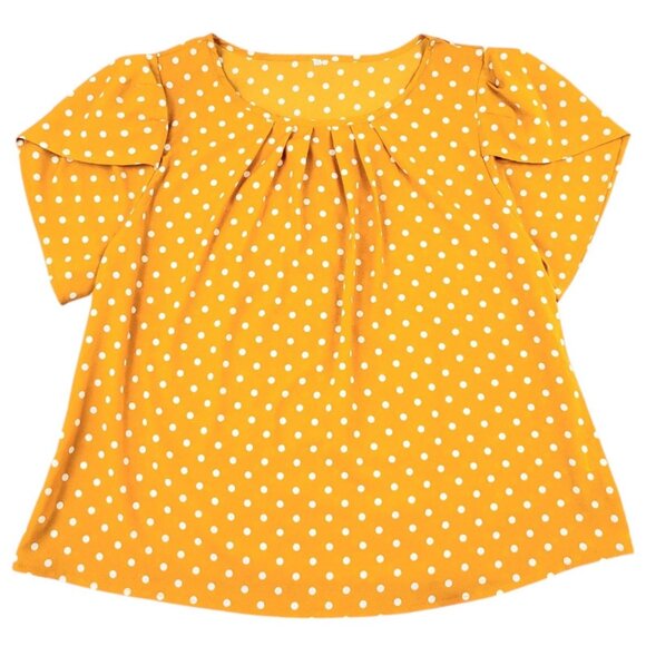 Women's Plus 2X Yellow Polka Dot Flutter Sleeve Blouse - Round Tiered Neckline - Picture 7 of 12